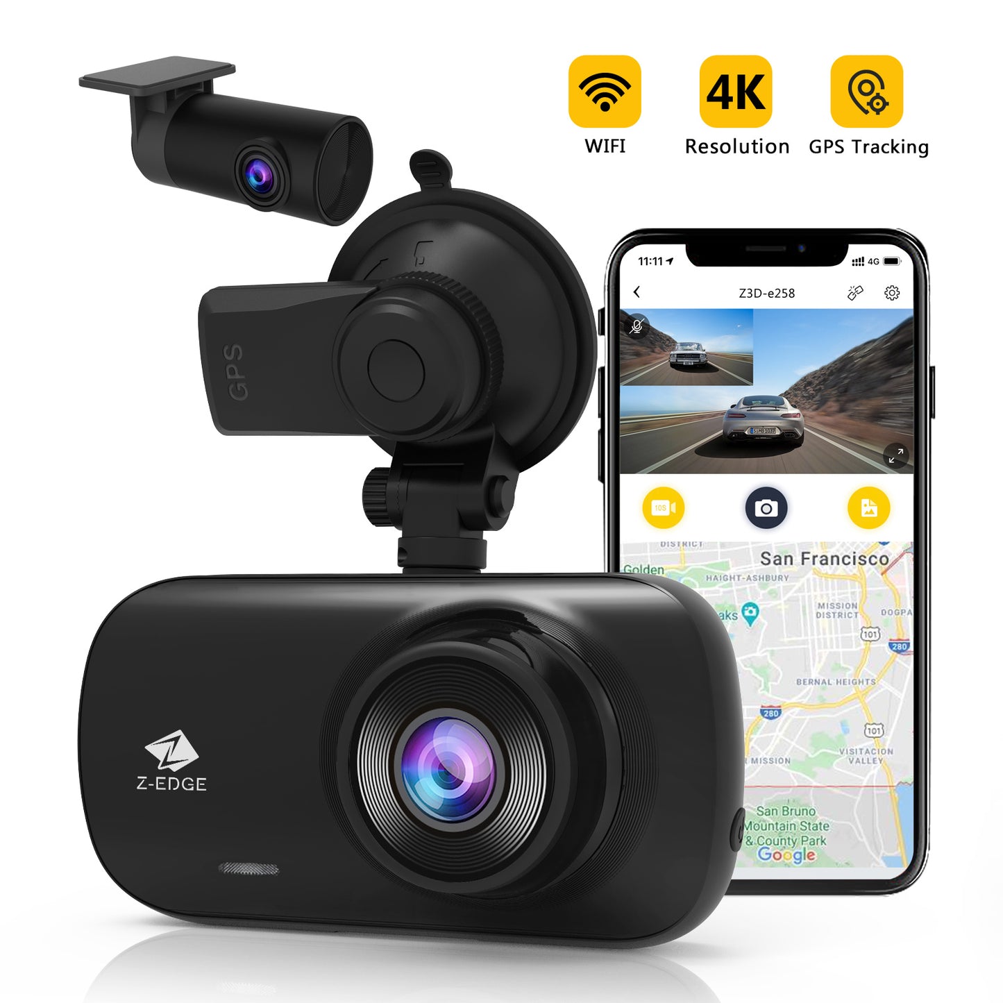 Z3D 2560x1440P 2K QHD, Front and Rear Dash Cam with WiFi, GPS, Dual Cam, Car DVR, Night Vision, Parking Mode, G-Sensor, Loop Recording