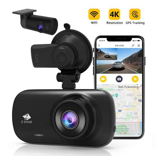 Z-Edge Z3D 4K Dash Cam, Front and Rear Dash Cam with WiFi, GPS, 4K + 1080P Dual Cam, Car DVR, WDR Night Vision, G-Sensor, Loop Recording, Parking Mode - 2025 Version