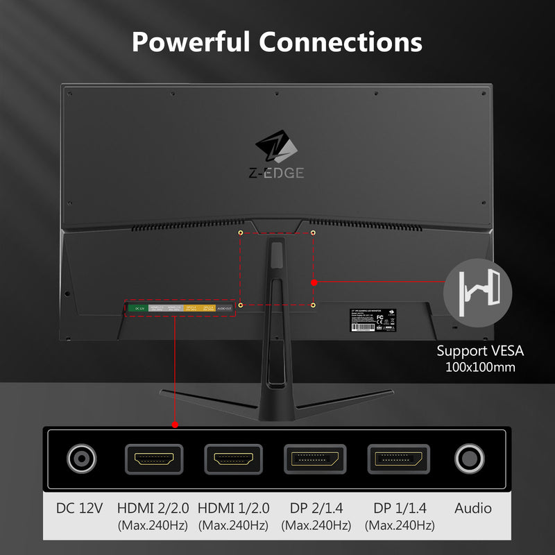 Z-EDGE UG27PJ 27-Zoll-Gaming-Monitor 240 Hz 1 ms IPS 1920 x 1080 rahmenloser LED-Gaming-Monitor, AMD Freesync Premium DisplayPort HDMI, integrierte Lautsprecher 