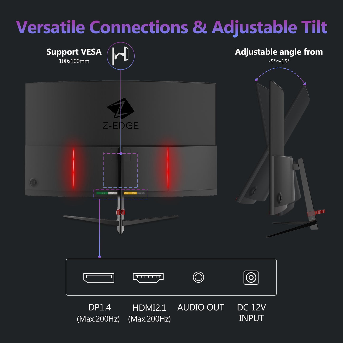 再生品: Z-Edge 27 インチ曲面ゲーミング モニター 200Hz(DP) 144Hz(HDMI) 1ms フル HD 1080P HDMI および DP ポート サポート VESA ウォール マウント