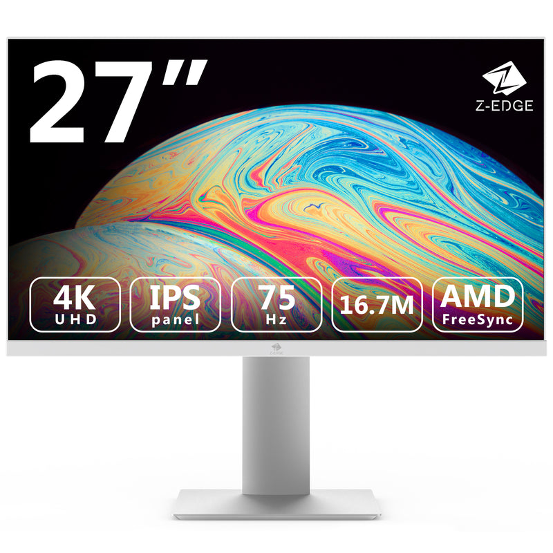 Z-Edge 27 Inch 4K Monitor UHD 3840x2160 IPS 75Hz(DP) FreeSync, Frameless Design, HDMI x2, DisplayPort x2, Height & Tilt Adjustable & Pivot, White