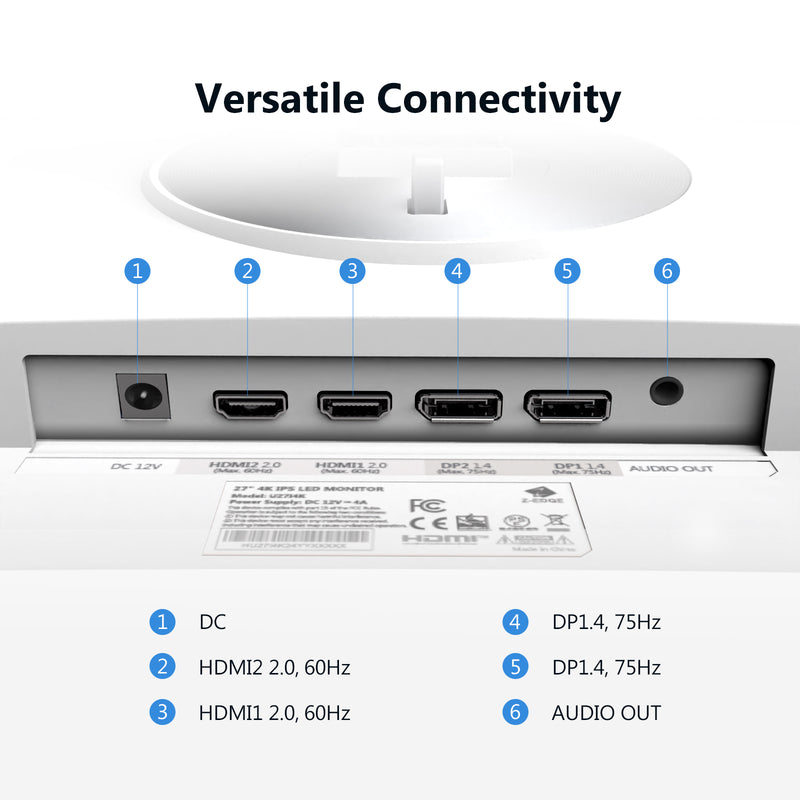 Z-Edge 27 Inch 4K Monitor UHD 3840x2160 IPS 75Hz(DP) FreeSync, Frameless Design, HDMI x2, DisplayPort x2, Height & Tilt Adjustable & Pivot, White