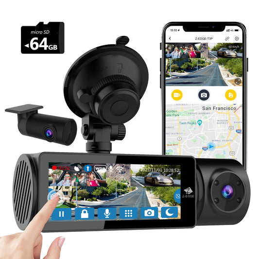 T3P 3-Kanal-Touchscreen-4K-Dashcam, 4K+1080P vorne und innen, 1600P+1080P+1080P Dreifach-Autokamera, IR-Nachtsicht, Superkondensator, unterstützt max. 512 GB (64-GB-Karte im Lieferumfang enthalten)