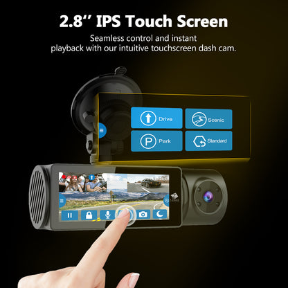 T3P 3-Channel Touch Screen 4K Dash Cam, 4K+1080P Front and Inside, 1600P+1080P+1080P Three Way Triple Car Camera, IR Night Vision, Super Capacitor, Support 512GB Max (64GB Card Included)