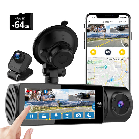 T3P 3-Channel Touch Screen 4K Dash Cam, 4K+1080P Front and Inside, 1600P+1080P+1080P Three Way Triple Car Camera, IR Night Vision, Super Capacitor, Support 512GB Max (64GB Card Included)