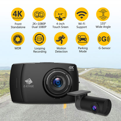 Z-EDGE T4 4K Dual Dashcam, 4" Touch Screen, Include 32GB MicroSD Card - 2025 Version