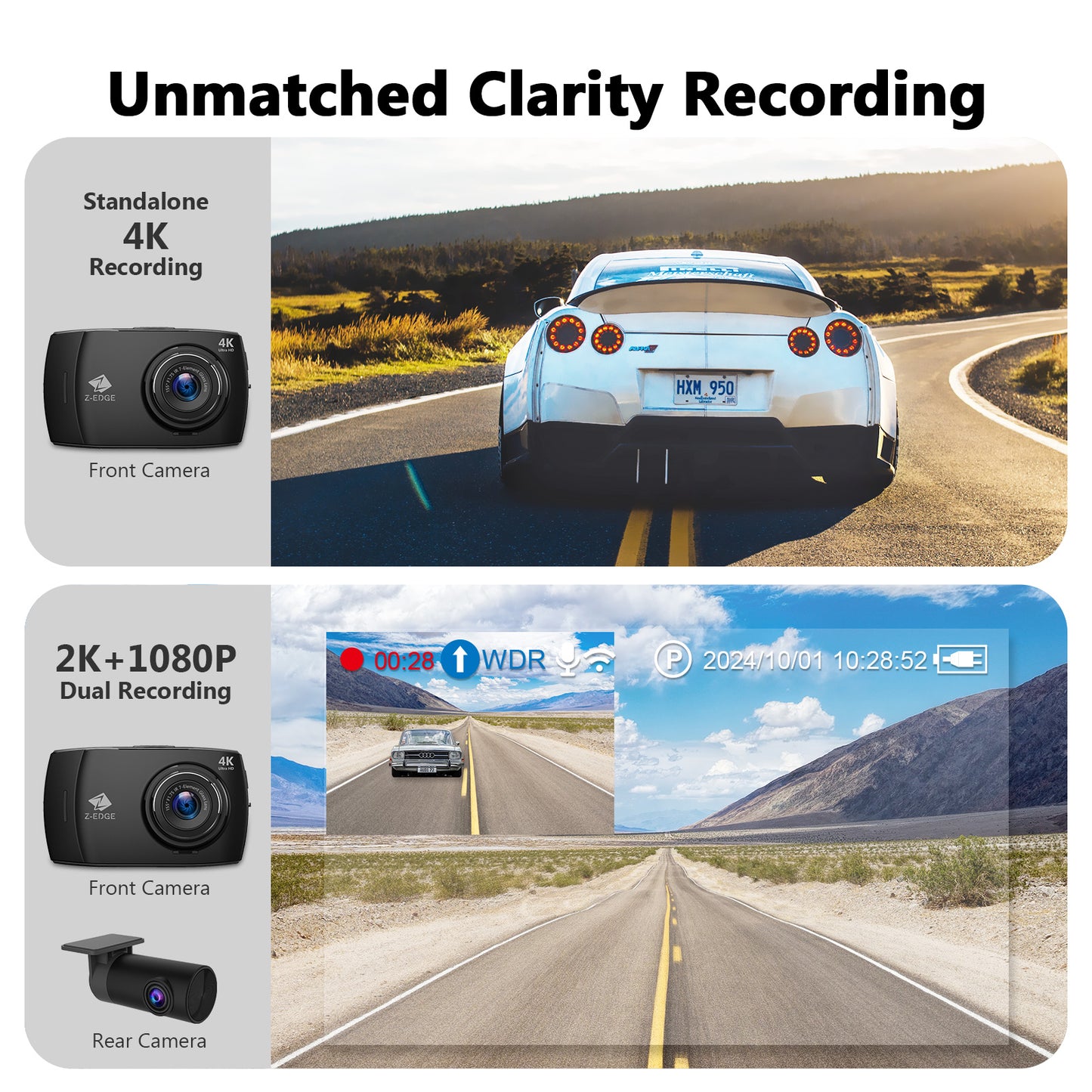 Z-EDGE T4 4K Dual Dashcam, 4.0" Touch Screen, Include 32GB MicroSD Card - 2025 Version