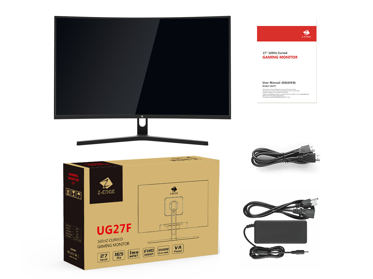 Z-EDGE 27" 165Hz Curved Gaming Monitor 1ms Full HD 1080P, FreeSync, HDMI & DisplayPort