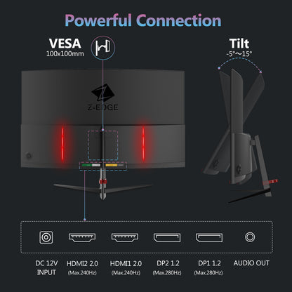Z-EDGE UG27P 27" Curved Gaming Monitor 280Hz 1ms 1920x1080 16:9 Frameless, Support AMD Freesync Premium, With DisplayPort & HDMI Port