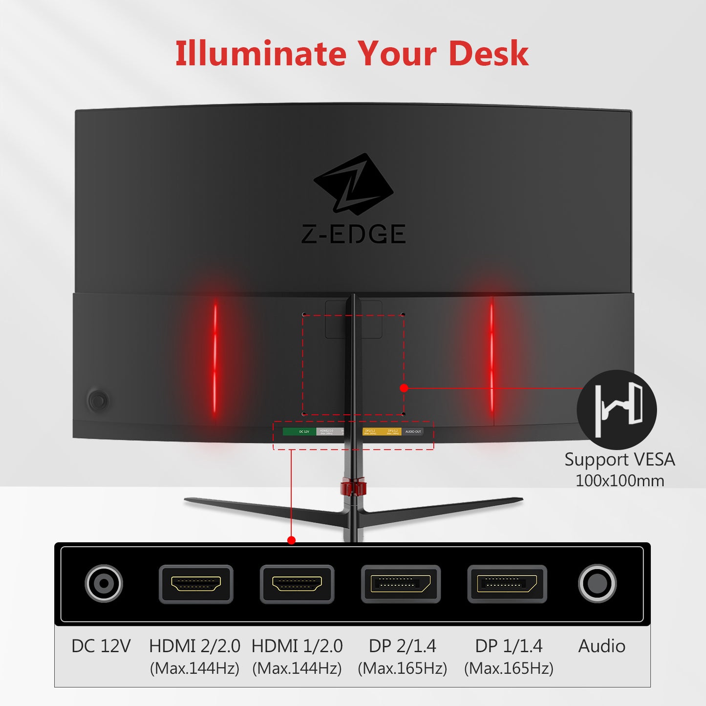 Z-EDGE 27 Inch QHD Curved Gaming Monitor 165Hz(DP) 144Hz(HDMI) 1ms 2K Resolution 2560x1440 Frameless LED Gaming Monitor, HDMI DisplayPort, Support Wall Mount