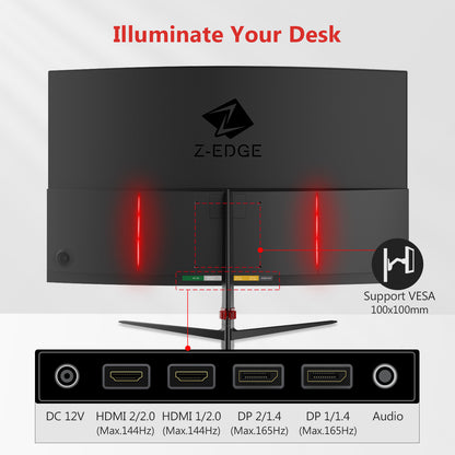 Z-EDGE 27 Inch QHD Curved Gaming Monitor 165Hz(DP) 144Hz(HDMI) 1ms 2K Resolution 2560x1440 Frameless LED Gaming Monitor, HDMI DisplayPort, Support Wall Mount