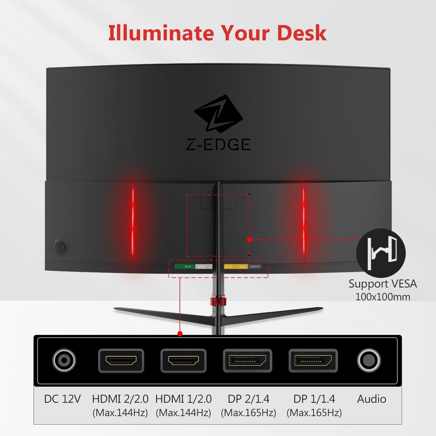 Refurbished: Z-EDGE 27 Inch Curved Gaming Monitor 165Hz(DP) 144Hz(HDMI) 1ms 2K Resolution 2560x1440 Frameless LED Gaming Monitor Support Wall Mount