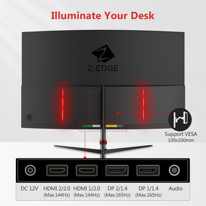 Refurbished: Z-EDGE 27 Inch Curved Gaming Monitor 165Hz(DP) 144Hz(HDMI) 1ms 2K Resolution 2560x1440 Frameless LED Gaming Monitor Support Wall Mount