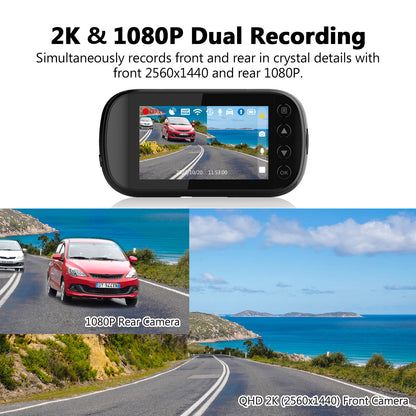 Z3D 2560x1440P 2K QHD、WiFi付きフロントおよびリアダッシュカム、GPS、デュアルカム、カーDVR、ナイトビジョン、パーキングモード、Gセンサー、ループ録画