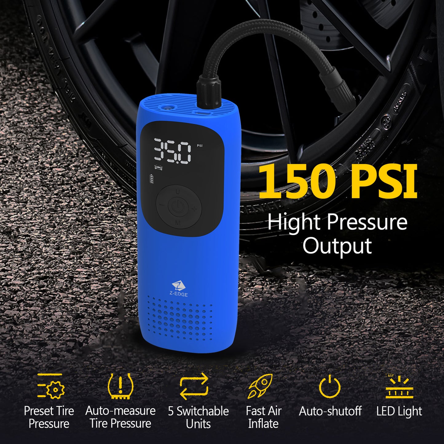 zai02 portable 150psi air inflator, hight pressure output, auto-shutoff, led light, fast air inflate