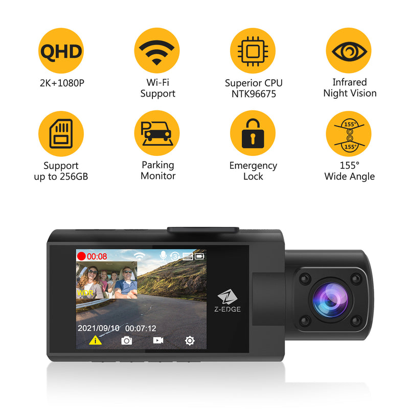 Z-Edge WiFi Dash Cam, 1920x1080P FHD, Front and Rear Dash Cam, Dual Cam,  Car DVR, Night Vision, Parking Mode, G-Sensor, Loop Recording
