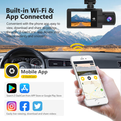 Z3Pro Dual Dash Cam Built-in Wi-Fi, 2K+1080P Front and Inside Dash Cam, IR Night Vision