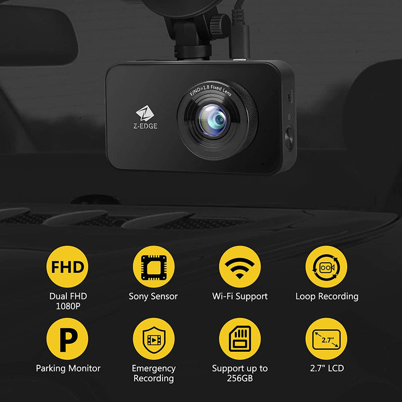 Z-EDGE T4 4-Inch Touchscreen Dual Dash Cam Full HD 1920x1080 Come