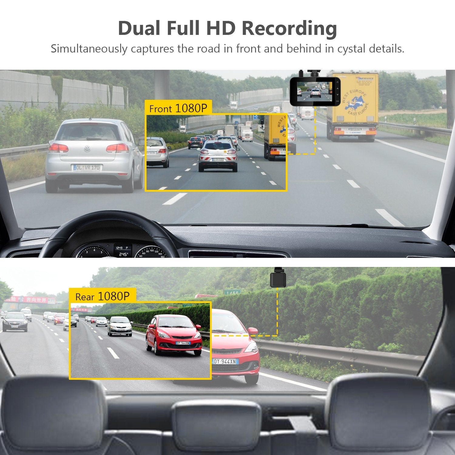 R1 Dual Dash Cam Built-in Wi-Fi, FHD 1080P, Front and Rear Video Dash Cam 