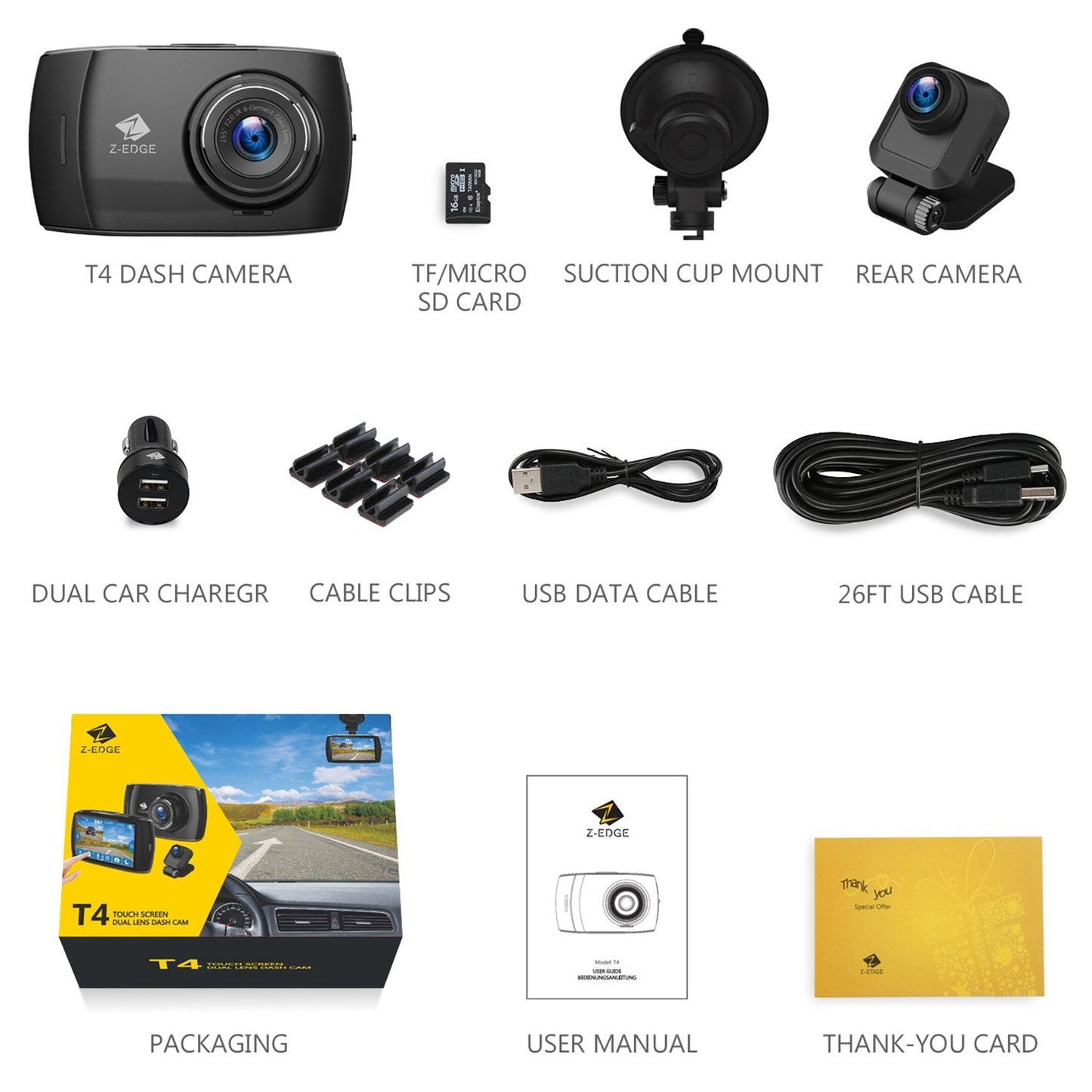 T4 4.0" Touch Screen Dual Dash Cam FHD 1080P Video Dash Cam 