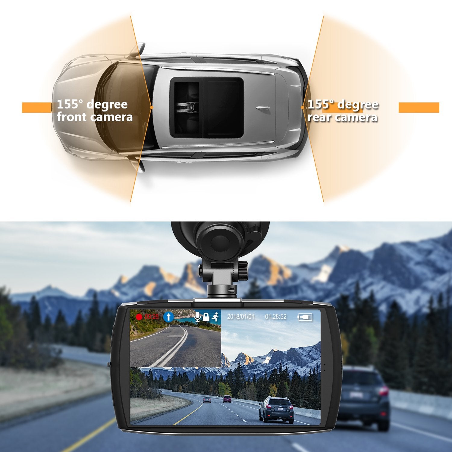 T4 4.0" Touch Screen Dual Dash Cam FHD 1080P Video Dash Cam 