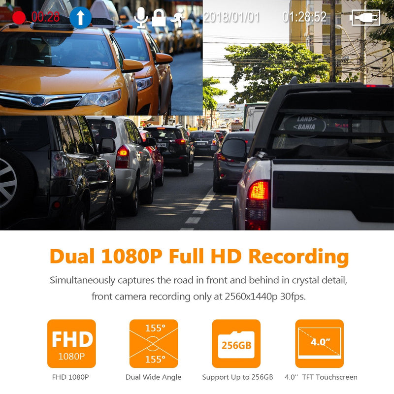 Z-EDGE T4 4-Inch Touchscreen Dual Dash Cam Full HD 1920x1080 Come